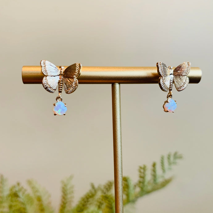 Intricate Butterfly and Opal Stud Earrings